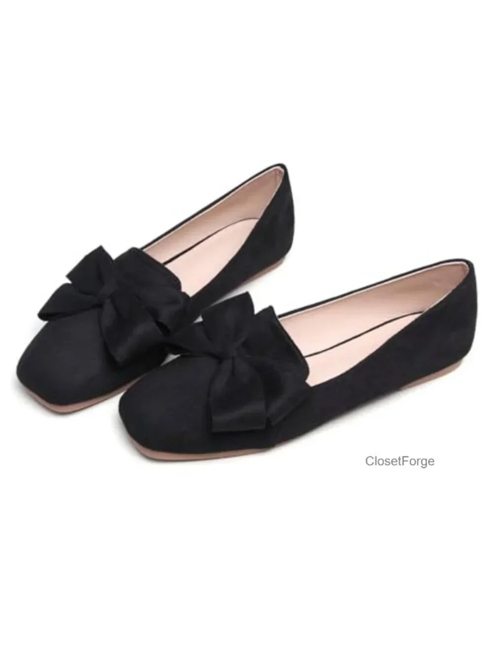 Faux Suede Square Toe Ballet Flats with Bows, Cushioned Latex Insole